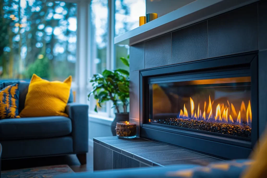 Modern gas fireplace in a luxurious living room.