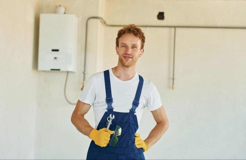 Plumber in overalls holding a wrench.