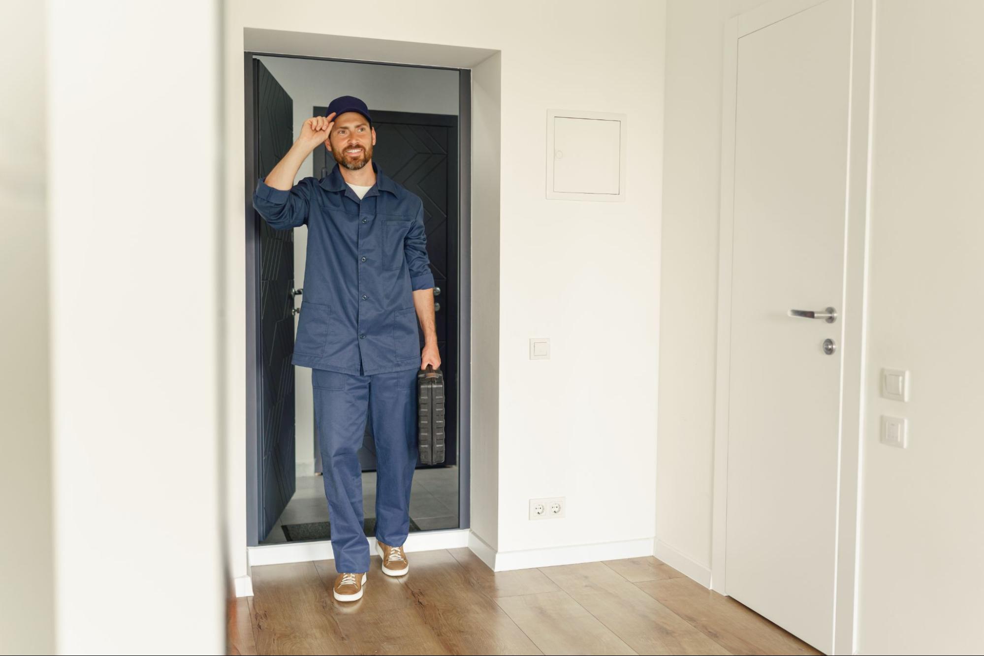 Repair man holding a toolbox and walking through a door.