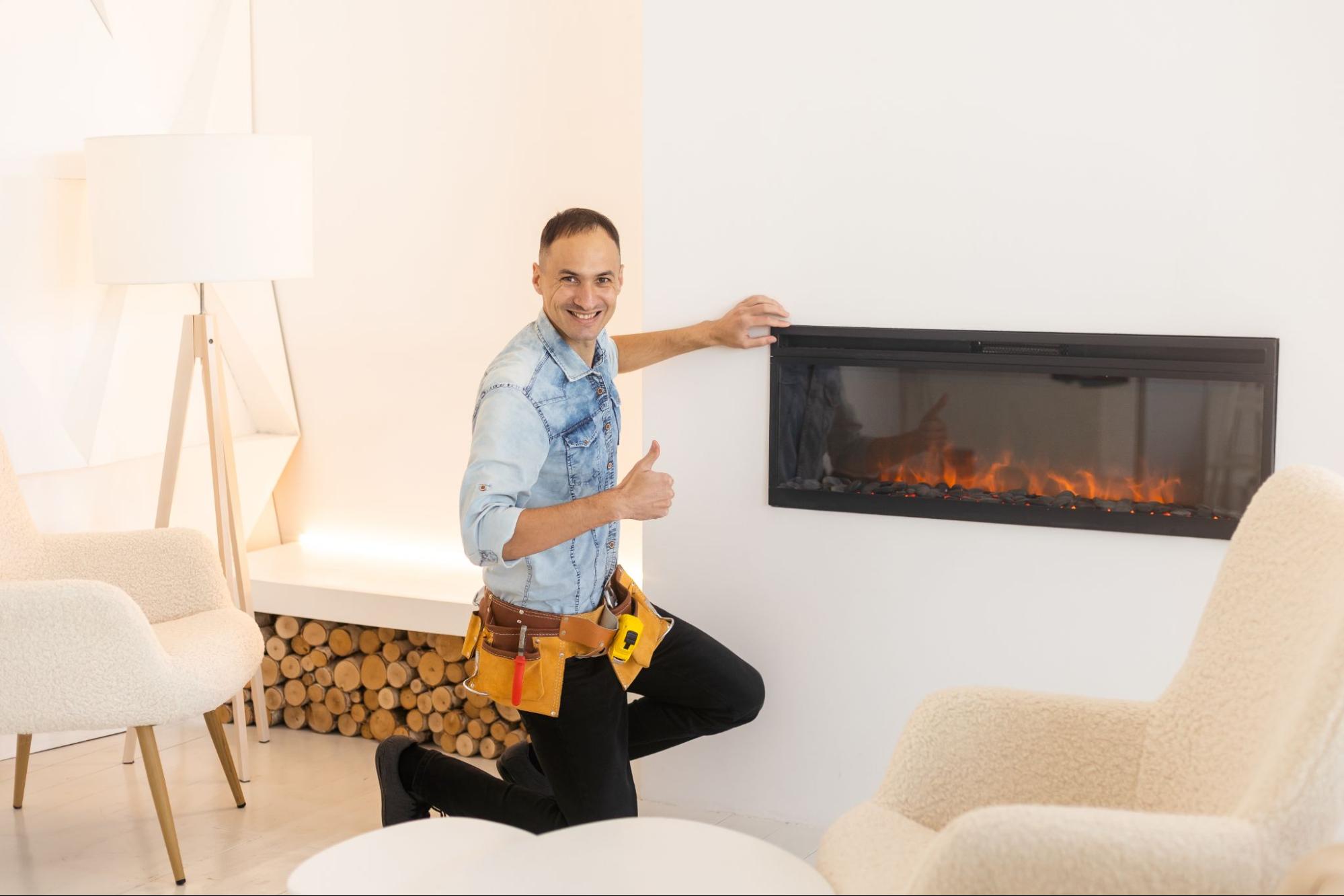 A certified technician gives a thumbs-up after completing fireplace service on an electric unit in a residential living room.