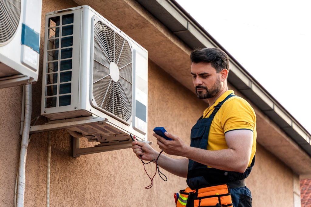 A technician working on repairing an air conditioning unit installed on the side of a house.